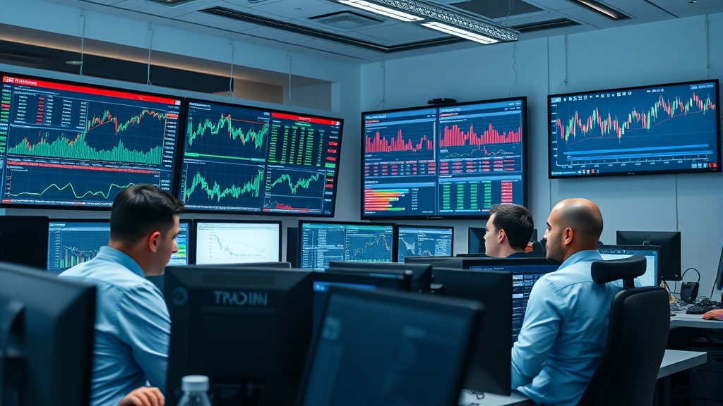 Professional cryptocurrency traders in a modern trading floor with multiple monitors displaying blockchain data and market charts, diverse team environment