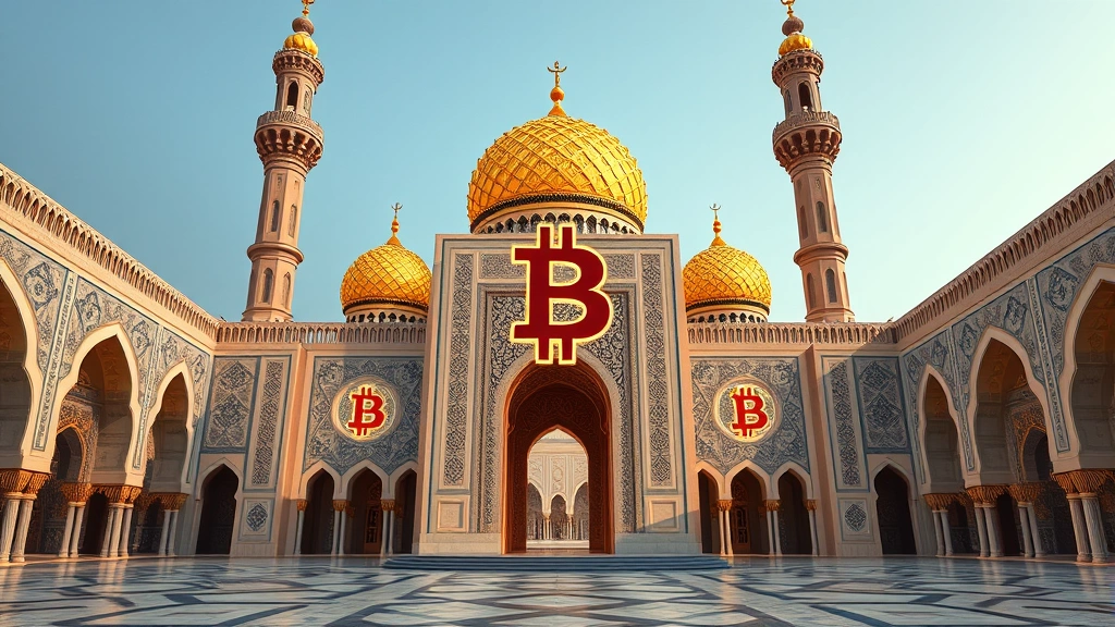 Bitcoin and blockchain symbols integrated with MENA architectural elements like traditional Islamic geometric patterns, digital technology merging with regional cultural design