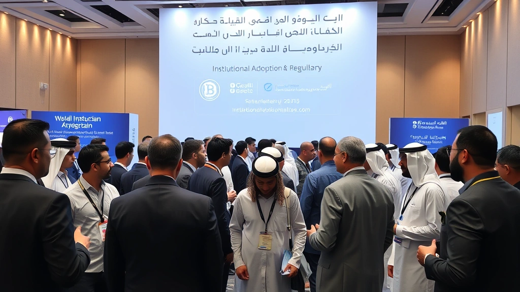 Diverse group of professionals at cryptocurrency conference in Middle East, networking and discussing blockchain technology, modern conference venue with Arabic and English signage, representing institutional adoption and regulatory bodies