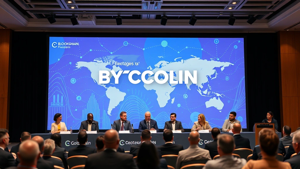 Diverse panel of experts discussing cryptocurrency at conference podium, international business professionals, blockchain and financial technology backdrop, collaborative atmosphere, professional presentation setting