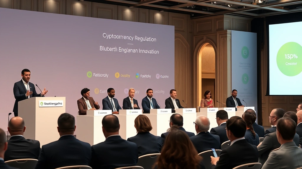 Diverse panel of speakers at podium discussing cryptocurrency regulation and blockchain innovation, audience members taking notes, professional conference setting with MENA architectural elements in background