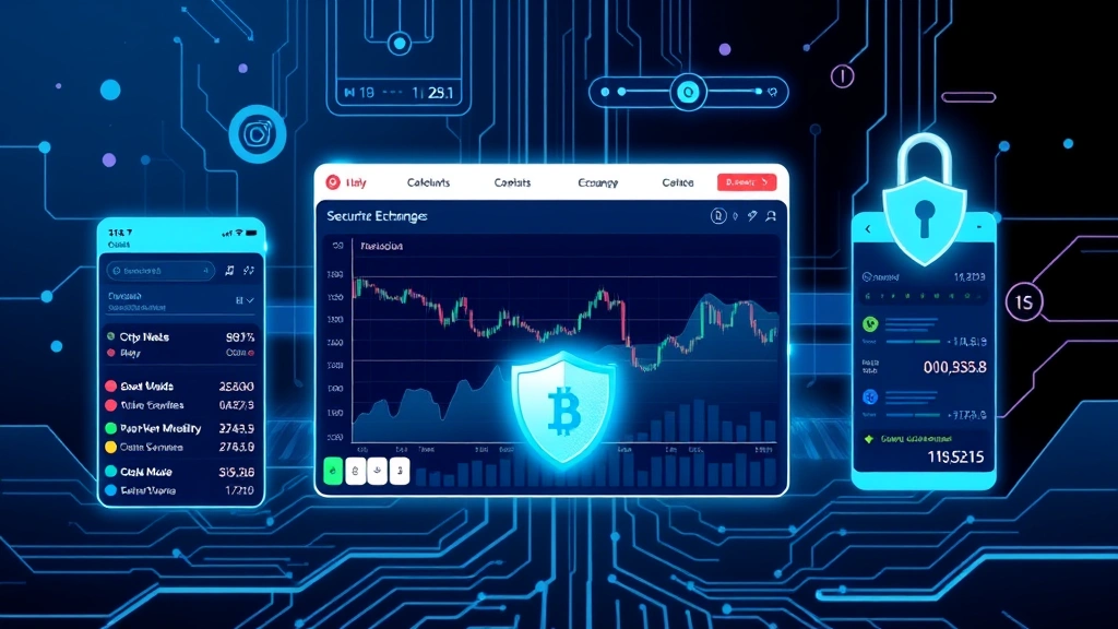 Secure cryptocurrency exchange platform showing digital wallets, trading interface, and blockchain security features with modern fintech design elements