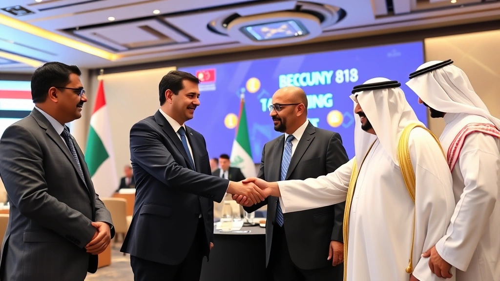 Government officials and blockchain executives shaking hands at formal conference setting, UAE and Saudi flags visible, modern conference hall with international cryptocurrency symbols
