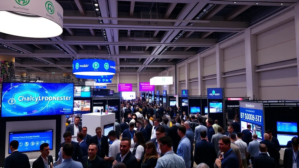 Crowded exhibition hall at cryptocurrency conference with multiple booth displays, attendees examining blockchain technology demonstrations, digital screens showing crypto data, professional business environment with modern lighting and architectural elements