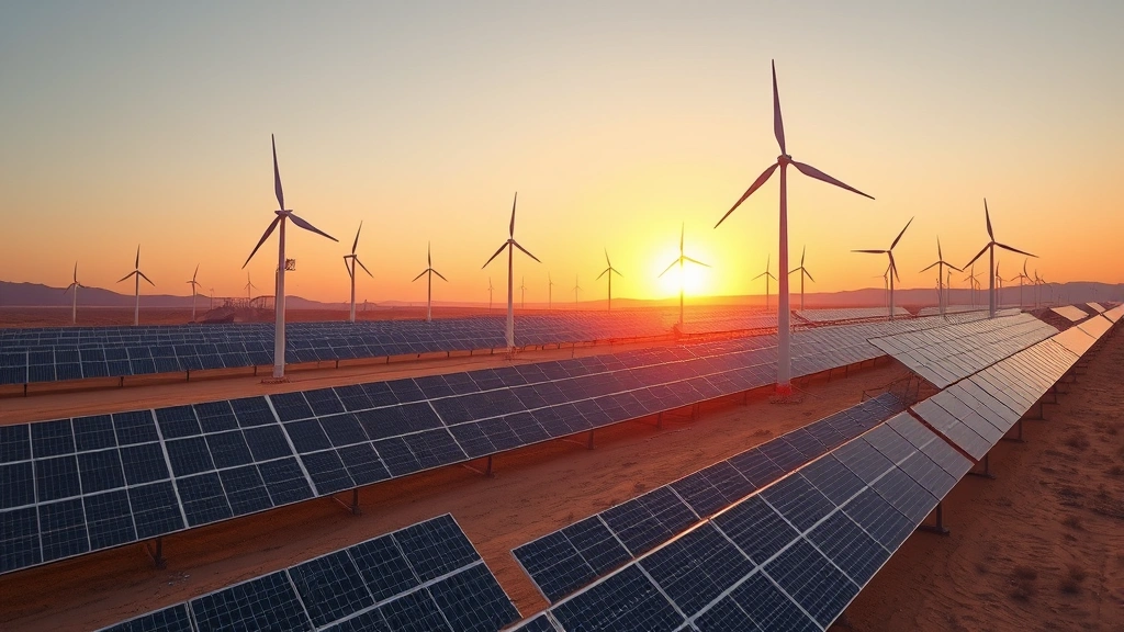 Futuristic renewable energy facility with solar panels and wind turbines powering Bitcoin mining operations in desert landscape, clean technology infrastructure, sustainable energy generation, sunset lighting, wide-angle professional shot