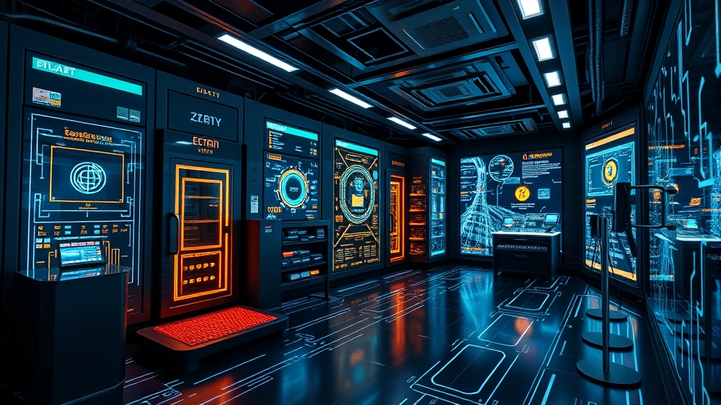State-of-the-art blockchain technology center with advanced security systems, digital asset custody infrastructure, and cryptocurrency network visualization displays, futuristic technological environment