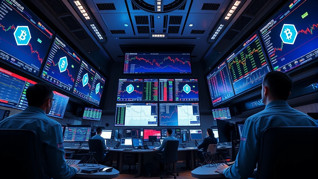Photorealistic image of advanced cryptocurrency trading floor with multiple screens displaying blockchain data, professional traders analyzing markets, high-tech financial environment, modern lighting, no ticker symbols or specific data visible