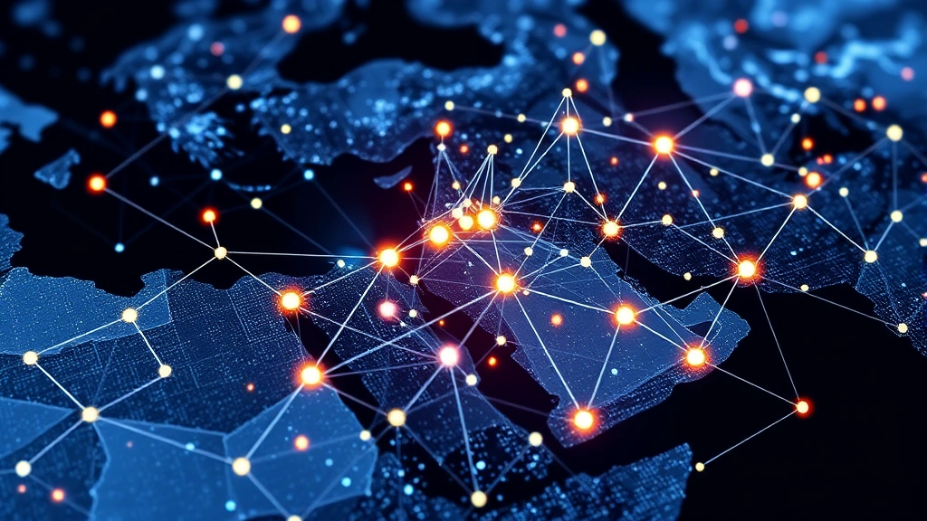 Blockchain network visualization with interconnected nodes and digital pathways, representing cross-border cryptocurrency transactions and decentralized finance infrastructure in MENA region