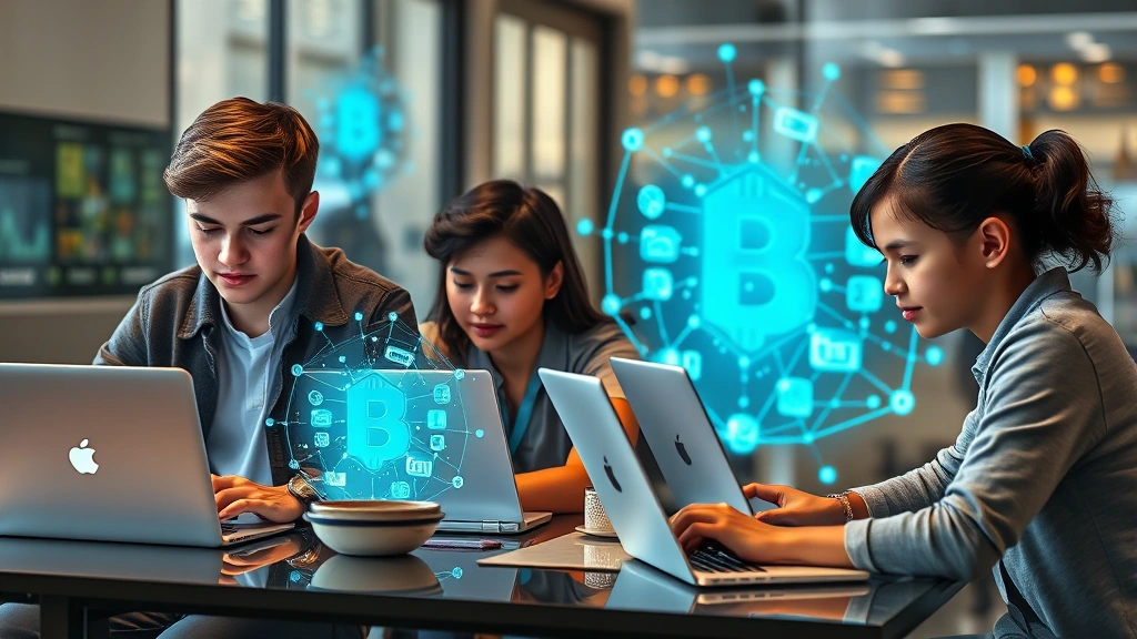 Photorealistic image of young entrepreneurs working on laptops with holographic blockchain network displays, representing youth engagement and tech development in cryptocurrency space, no text elements