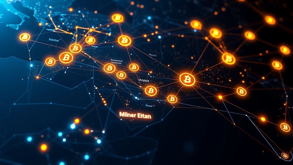 Futuristic financial technology visualization showing Bitcoin network nodes interconnecting across Middle East region, glowing digital pathways connecting major cities, blockchain ledger data streams flowing, dark professional background
