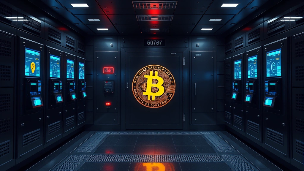 Photorealistic image of a secure institutional Bitcoin custody vault with advanced security features, biometric access panels, and professional security personnel, high-tech environment