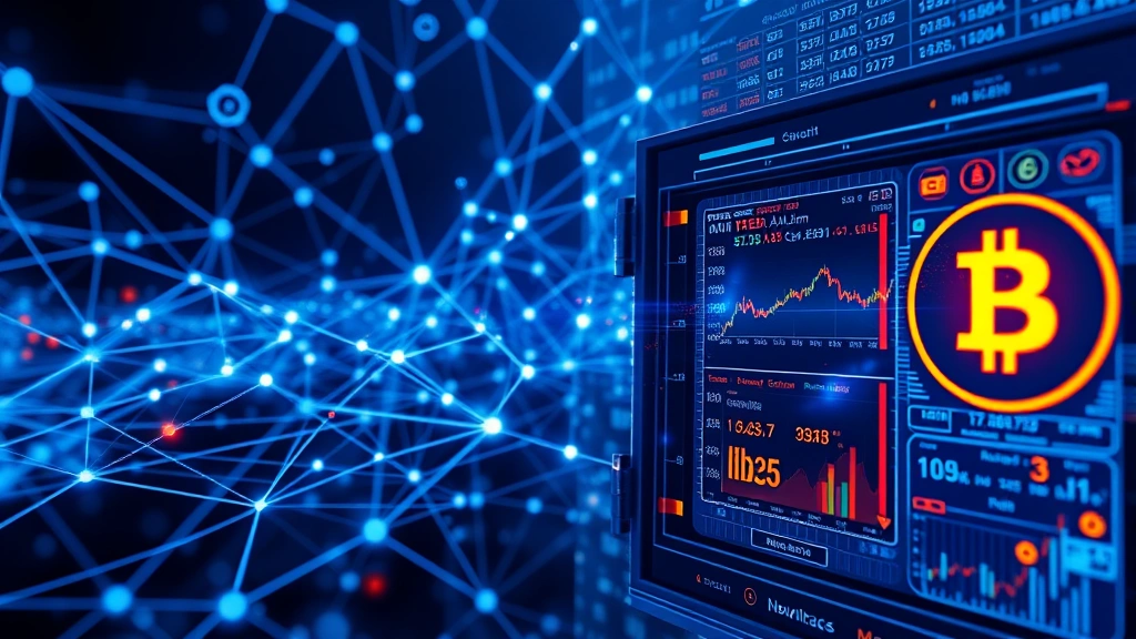 Blockchain technology visualization with interconnected nodes and digital networks, cryptocurrency exchange interface showing Bitcoin price movements, secure digital vault imagery, modern fintech infrastructure representing MENA region innovation