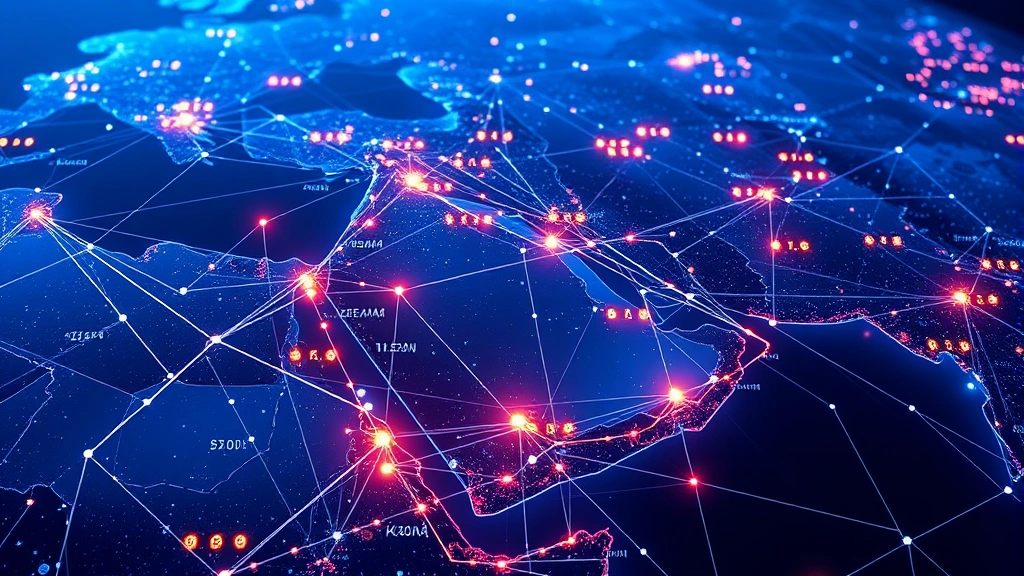 Blockchain technology visualization showing interconnected nodes and digital currency flow across MENA region, futuristic digital landscape, no text or numbers, abstract representation of distributed network