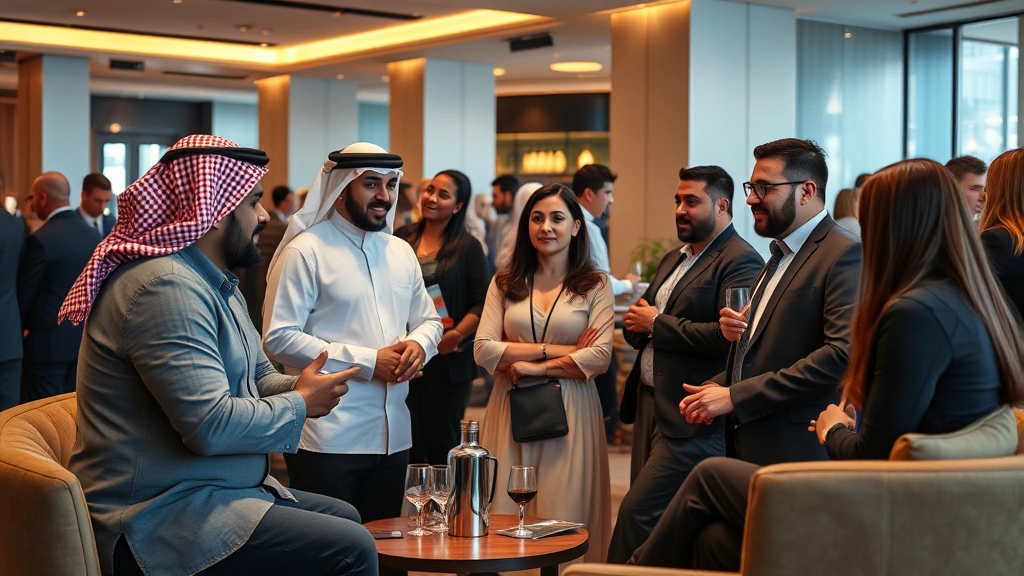 Diverse group of business professionals from Middle Eastern and international backgrounds in casual discussion at networking event, modern lounge setting with comfortable seating, warm ambient lighting, confident body language