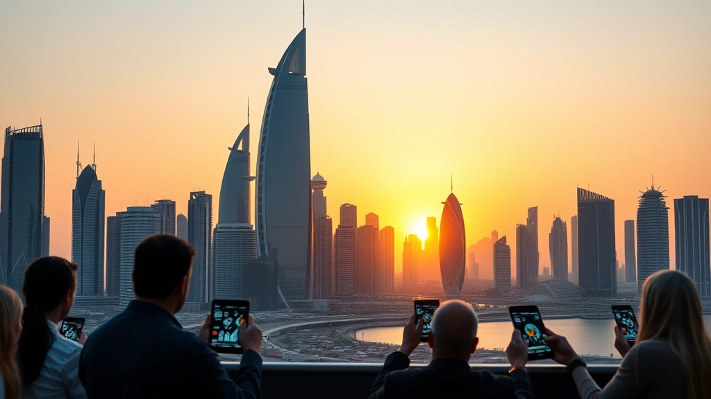 Skyline of major Middle Eastern financial hub at sunset, modern office buildings with digital technology elements, people using smartphones and tablets for cryptocurrency trading, symbolic representation of financial growth and digital transformation in MENA region