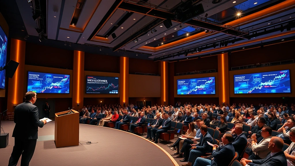 Large auditorium stage with professional speaker at podium addressing packed audience of cryptocurrency and blockchain professionals, digital screens displaying market data and blockchain networks, modern conference venue architecture, professional stage lighting