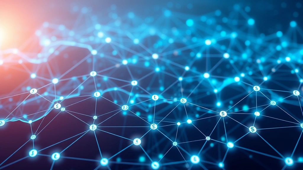 Futuristic blockchain network visualization with interconnected nodes, digital currency symbols, glowing blue and green light trails, abstract technology landscape, no text or numbers