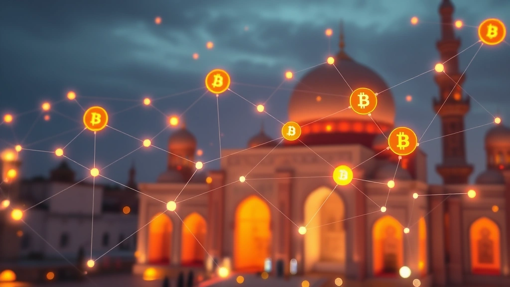 Digital representation of interconnected blockchain nodes and Bitcoin symbols glowing across a network, abstract technology background with Middle Eastern architectural elements