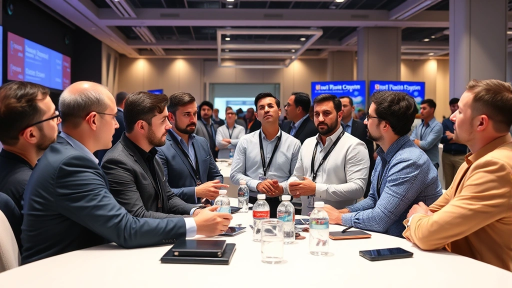 Diverse group of cryptocurrency investors and blockchain developers in discussion at networking event, modern conference setting with digital displays and technology infrastructure