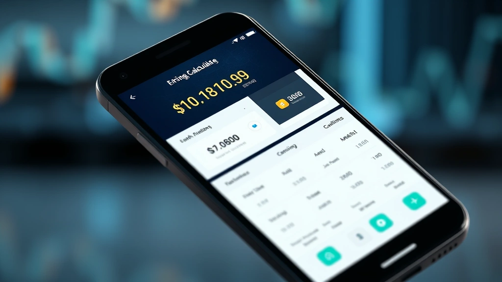 Android smartphone displaying mining application with hash rate statistics and earnings calculator interface, bright modern design, photorealistic rendering, no charts or text overlays