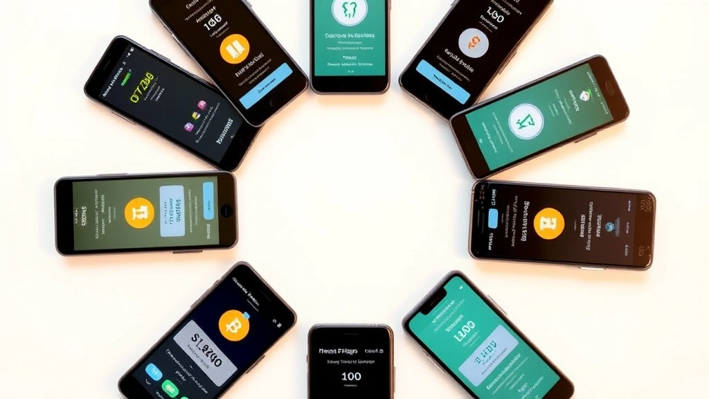Circular arrangement of multiple smartphones showing various cryptocurrency earning methods including staking, lending, and airdrop interfaces, soft lighting, photorealistic, no text elements