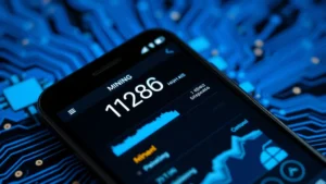 Close-up of Android smartphone displaying mining interface with hash rate statistics, glowing blue processor visualization, circuit patterns in background, no text visible, photorealistic lighting