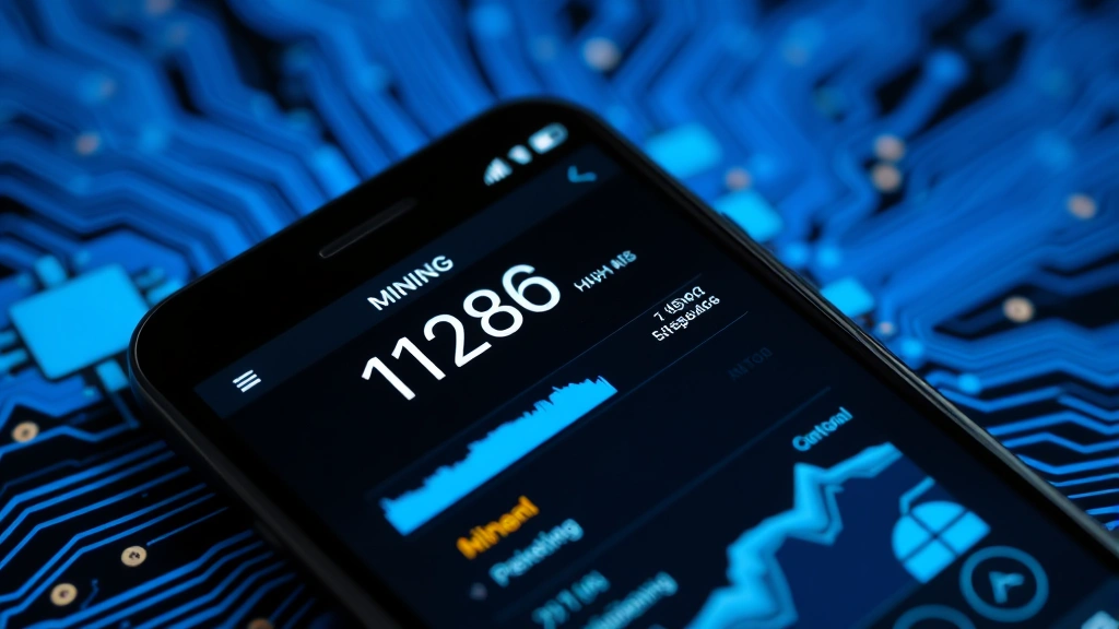 Close-up of Android smartphone displaying mining interface with hash rate statistics, glowing blue processor visualization, circuit patterns in background, no text visible, photorealistic lighting