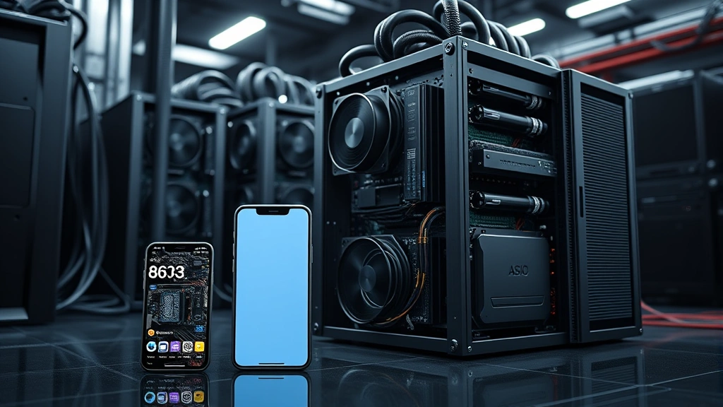 Comparison visualization showing tiny mobile phone next to massive ASIC mining hardware rig, dramatic scale difference emphasized, professional cryptocurrency mining facility setting, photorealistic