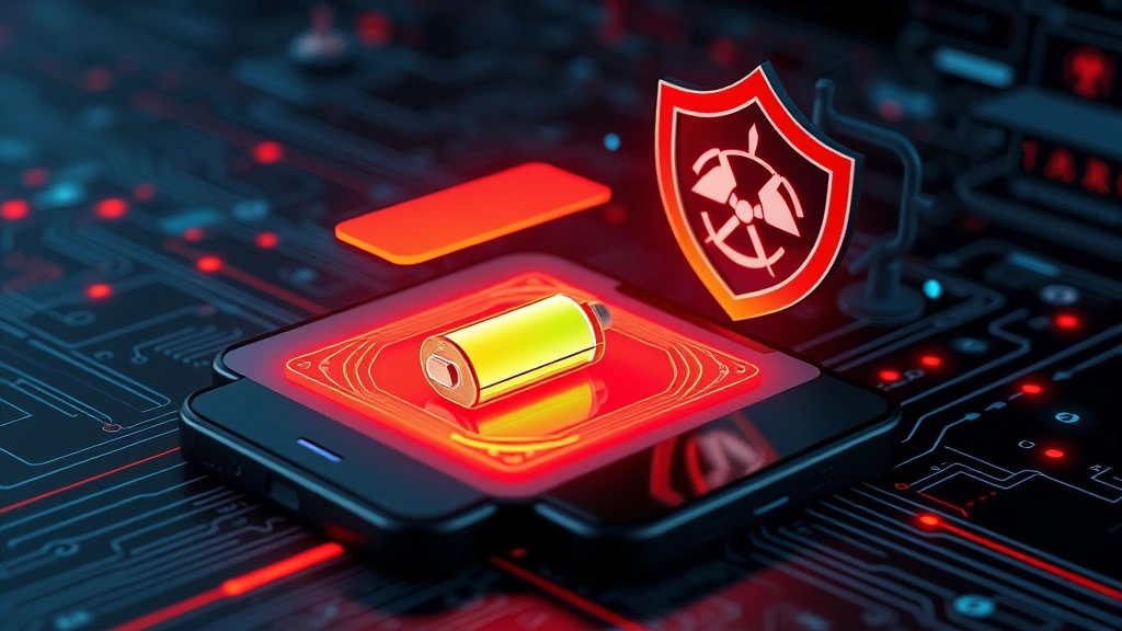 Smartphone with warning symbol, battery indicator showing rapid depletion, thermal heat visualization around device, digital security shield with malware symbols, photorealistic style