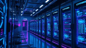 Photorealistic digital representation of cryptocurrency mining operation with glowing blue and purple circuit patterns, multiple high-tech computer servers, and streams of data flowing through holographic displays in a modern tech facility with ambient lighting