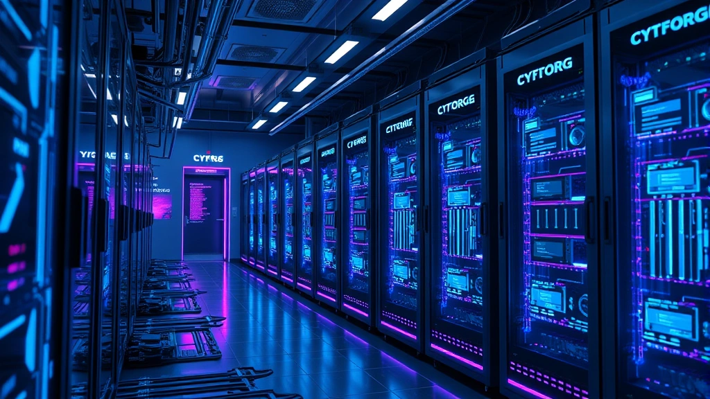 Photorealistic digital representation of cryptocurrency mining operation with glowing blue and purple circuit patterns, multiple high-tech computer servers, and streams of data flowing through holographic displays in a modern tech facility with ambient lighting