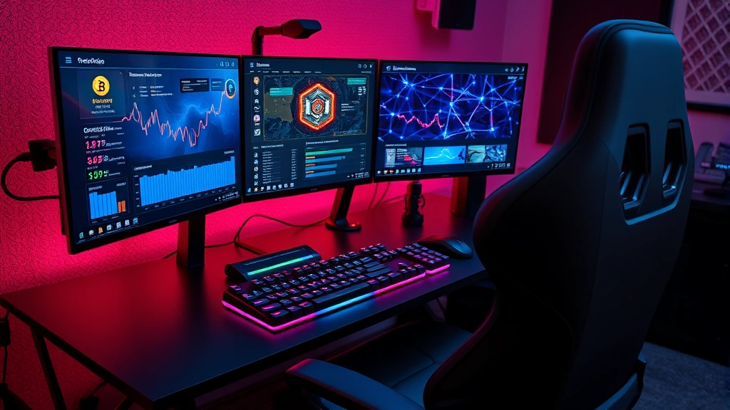 Close-up view of advanced gaming setup with multiple monitors displaying mining statistics and cryptocurrency data, mechanical keyboard with RGB lighting, ergonomic gaming chair, and blockchain network visualization on screens, professional esports environment