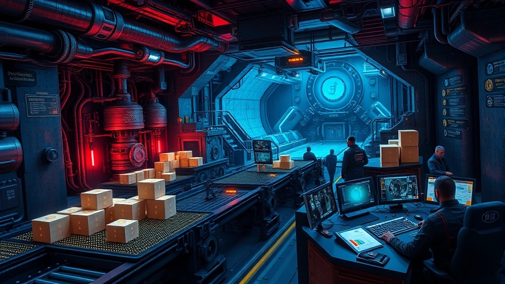 Futuristic underground mining facility with massive industrial equipment, conveyor belts carrying digital blocks and cryptocurrency symbols, workers in tech suits monitoring holographic dashboards, bioluminescent lighting creating cyberpunk atmosphere with blockchain technology elements