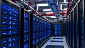 Industrial Bitcoin mining data center with rows of specialized ASIC mining computers, blue LED indicators glowing, professional facility with organized cable management and cooling systems, photorealistic high-tech environment