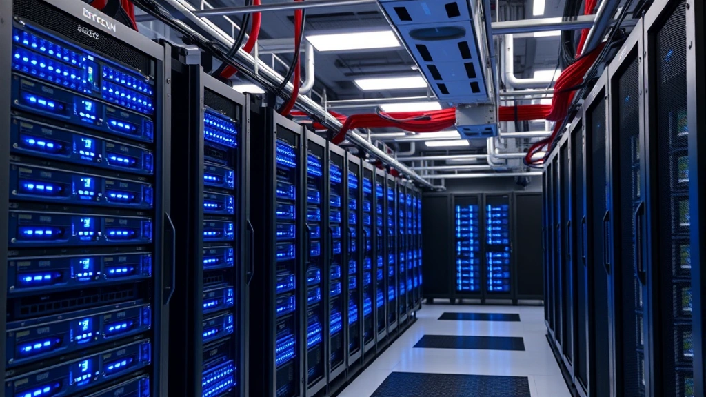 Industrial Bitcoin mining data center with rows of specialized ASIC mining computers, blue LED indicators glowing, professional facility with organized cable management and cooling systems, photorealistic high-tech environment