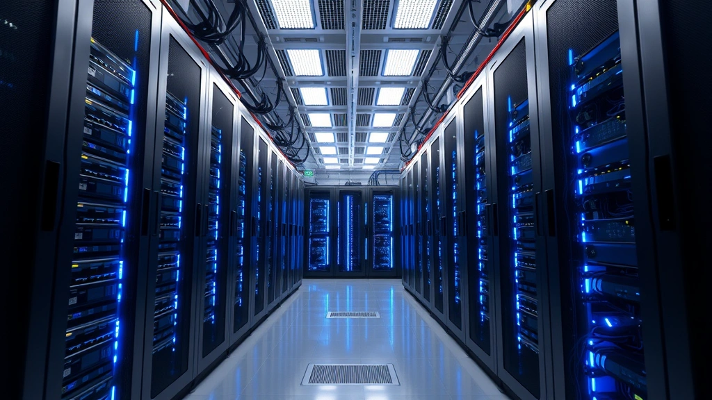 Photorealistic image of modern ASIC Bitcoin mining hardware (Antminer or WhatsMiner) in a professional data center with blue LED lights, cooling systems, and network cables, showing the physical equipment used for cryptocurrency mining operations