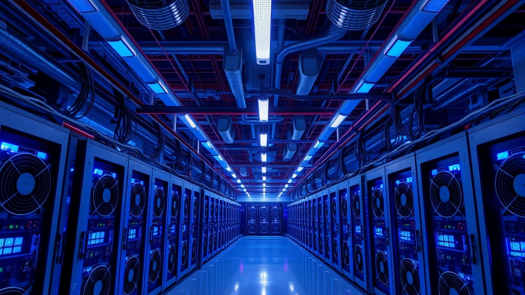 Photorealistic image of a high-tech mining facility interior with rows of mining rigs, industrial cooling systems, electrical infrastructure, and ambient blue lighting, showing the scale and technical complexity of professional Bitcoin mining operations