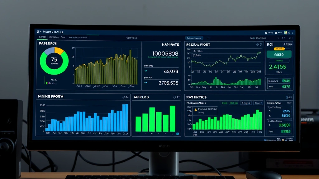 Photorealistic image of a computer monitor displaying mining profitability charts and statistics with hash rate metrics, difficulty graphs, and ROI calculations, representing the data analysis and optimization aspects of mining operations