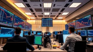 Photorealistic image of a modern cryptocurrency trading floor with multiple high-resolution monitors displaying blockchain data, market charts, and trading analytics. Professional traders wearing business attire focused on screens. Bright contemporary office lighting, sophisticated technology setup, no visible text or ticker symbols on screens.
