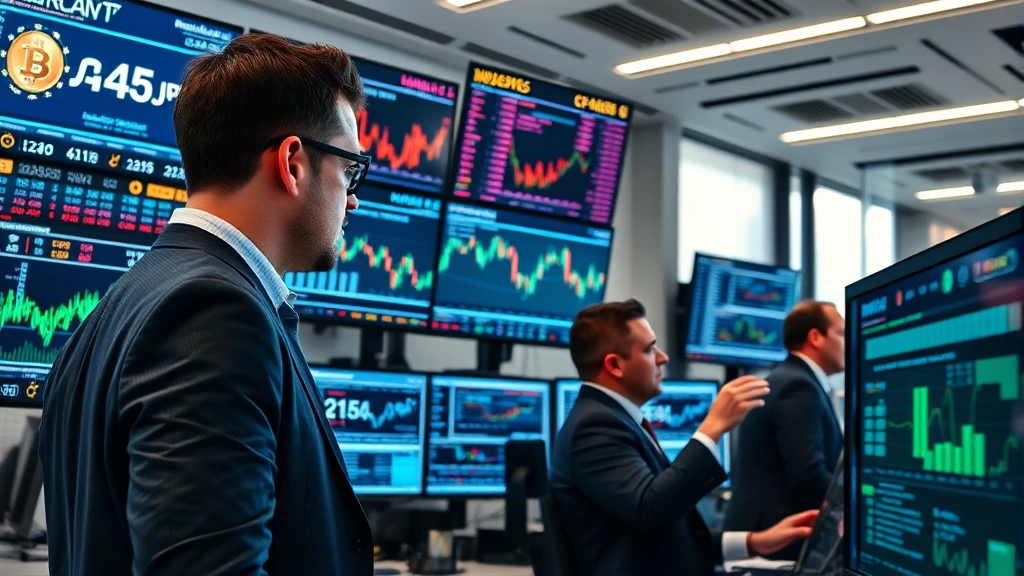 High-resolution photograph of a modern cryptocurrency trading floor with multiple monitors displaying blockchain data, cryptocurrency price charts, and market analytics. Professional traders in business attire analyzing digital asset information on screens. Bright lighting, contemporary office environment, focused expressions on faces, sophisticated technology setup.