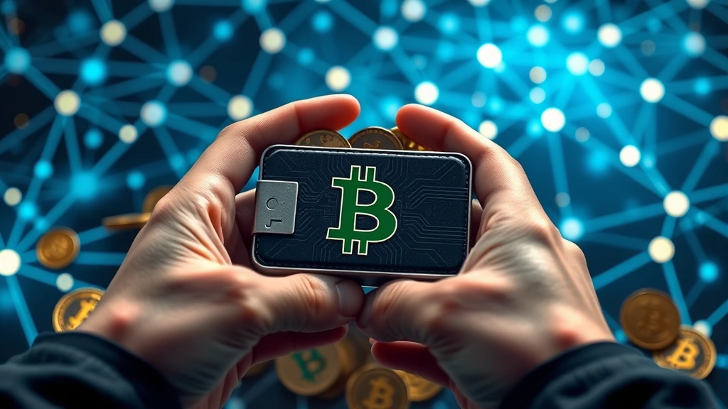 Close-up photograph of a person's hands holding a hardware wallet device with Bitcoin logo, surrounded by cryptocurrency coins, blockchain network visualization in the background with glowing digital nodes and connections. Secure, professional atmosphere emphasizing asset security and digital ownership.