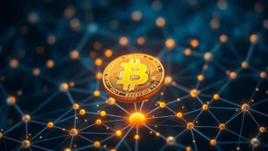 Photorealistic image of a glowing Bitcoin coin floating above a digital network of interconnected nodes and blockchain transactions, with financial data streams flowing around it, dark blue and golden lighting, professional cryptocurrency visualization