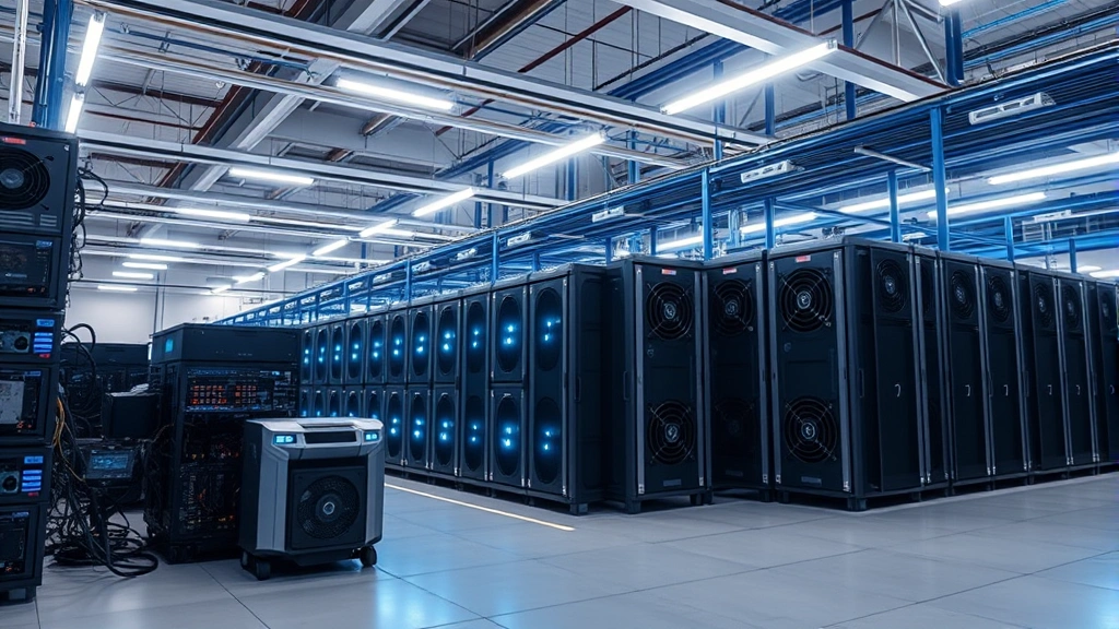 Photorealistic photograph of a modern cryptocurrency mining facility with rows of high-tech ASIC miners operating under bright LED lighting, showing cooling systems and server racks in an industrial warehouse setting, blue and white color scheme