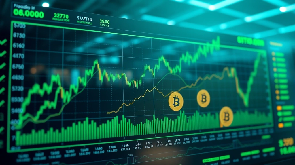 Photorealistic image of a digital financial dashboard displaying Bitcoin market data with upward trending charts, institutional trading floors in background, holographic cryptocurrency symbols, professional financial technology aesthetic with green and blue tones