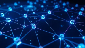 Photorealistic 3D visualization of blockchain nodes connected in network showing data flow, representing on-chain metrics and Bitcoin transaction verification on dark background with blue light trails