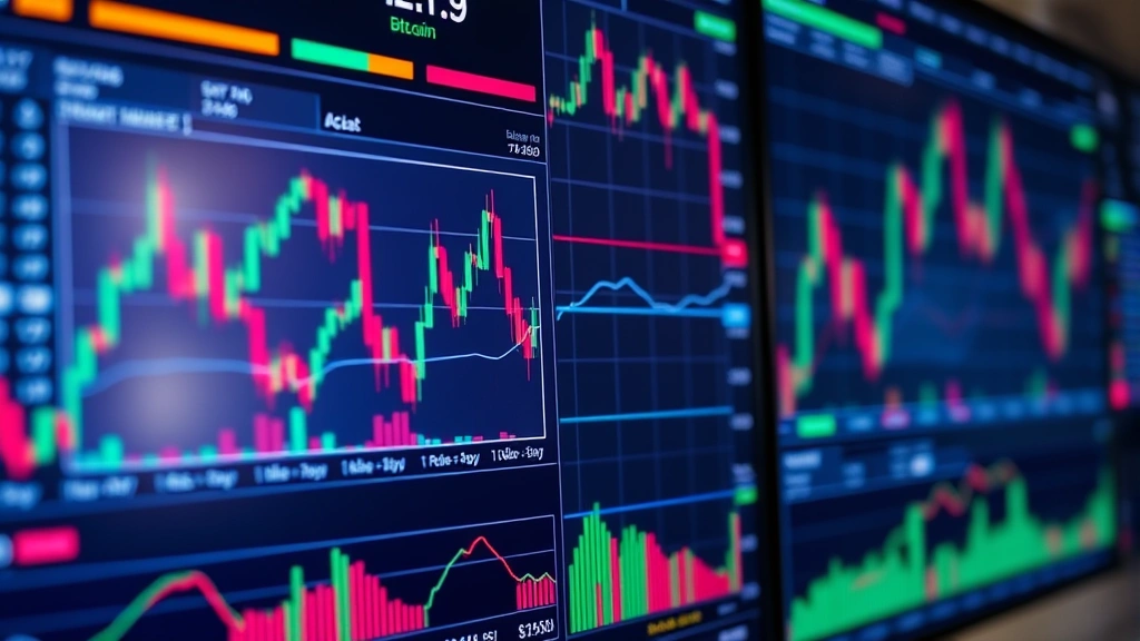 Detailed close-up of cryptocurrency trading dashboard with candlestick charts and market data displayed on multiple screens, showing Bitcoin price movements and market volatility in modern trading environment