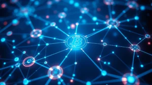 Futuristic Bitcoin network visualization with glowing nodes and connections, holographic blockchain data streams, dark blue and cyan colors, representing distributed ledger technology and on-chain analysis