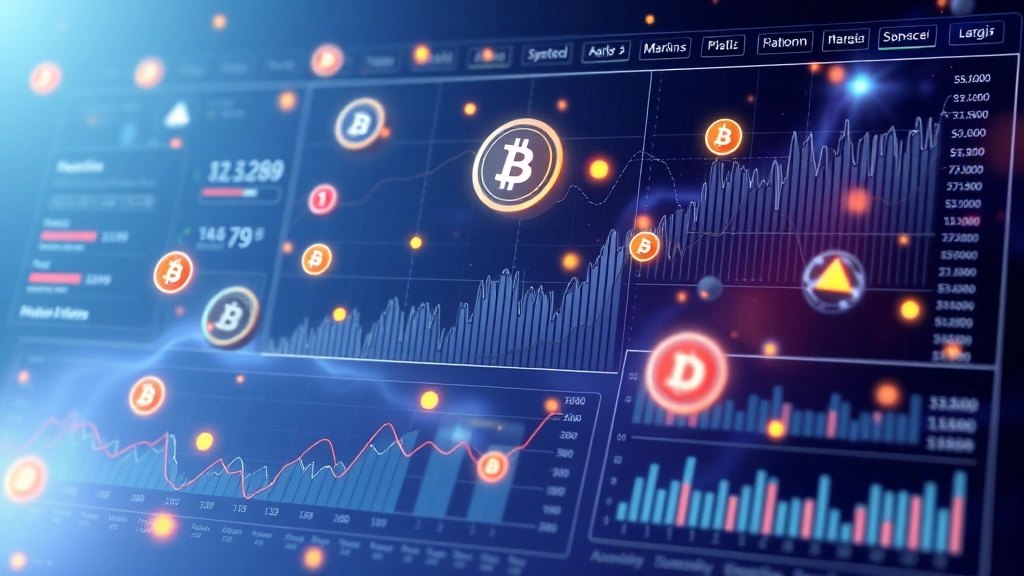 Abstract cryptocurrency market dashboard with floating data points, network graphs, and analytical charts rendered in 3D space, representing on-chain metrics and wallet cluster analysis