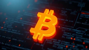 Close-up of Bitcoin orange symbol (₿) glowing on dark digital background, photorealistic 3D rendering, no text, modern cryptocurrency aesthetic