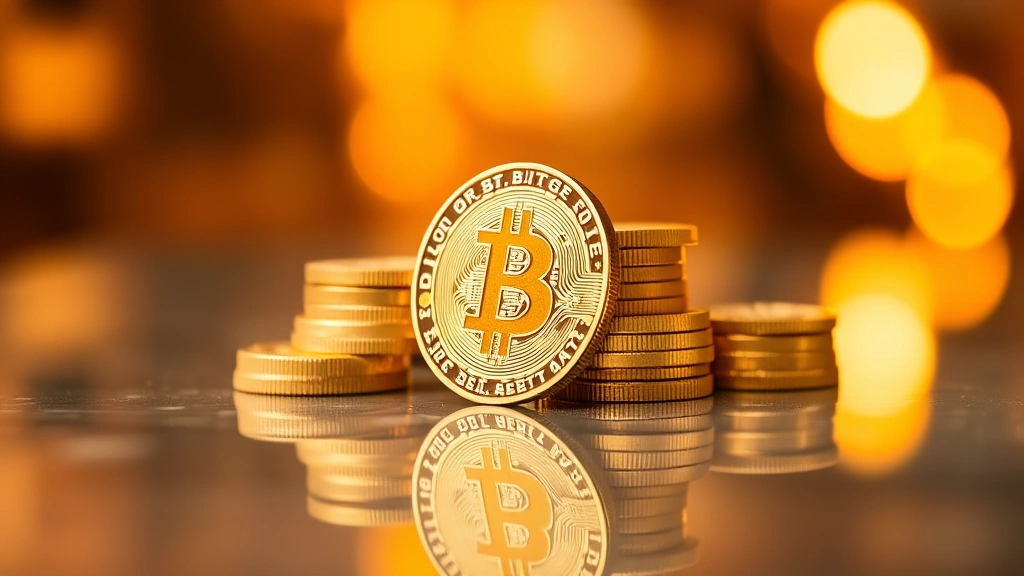 Bitcoin orange coins stacked in pyramid formation on reflective surface, warm lighting, depth of field, professional financial imagery, no labels or text